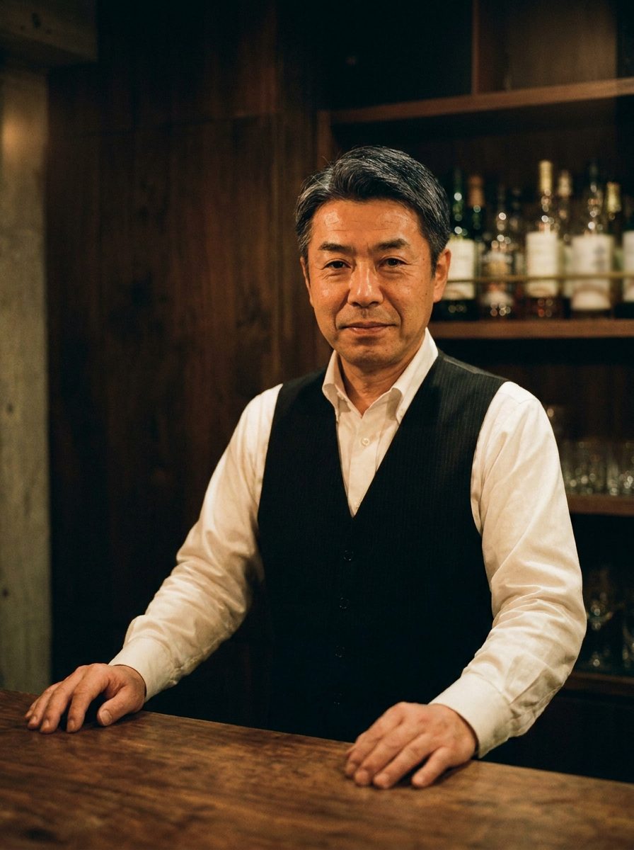 バー六分儀の店主、桐生亮介。カウンターの内側に立ち、静かにこちらを見ている。