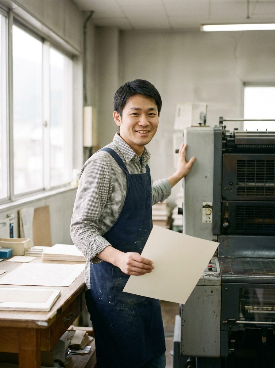 印刷オペレーターの中沢悠真さん。オフセット機の横で刷り上がった紙を手に立っている。