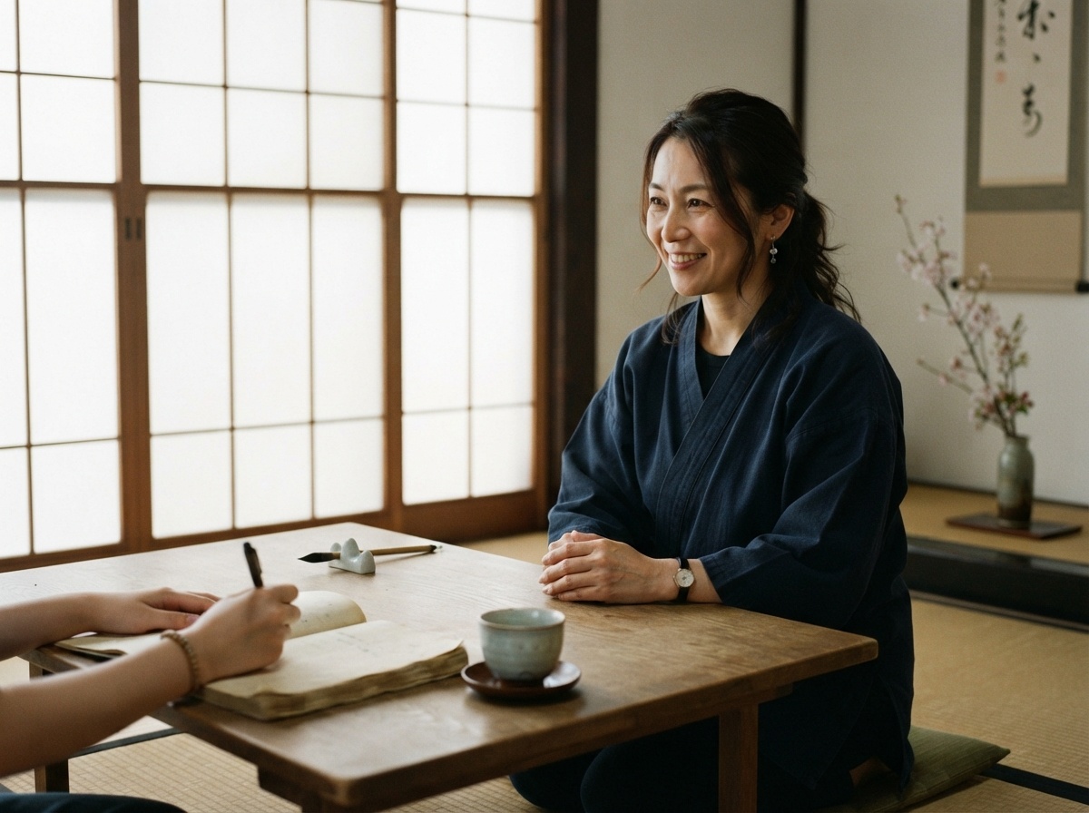 畳の部屋で受講者と向かい合って話す講師。穏やかな語り口と障子から差し込む自然光。